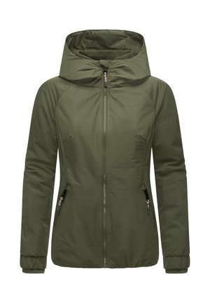 Olive green jacket with a hood, full zip closure, side pockets, ribbed cuffs, and smooth fabric texture. Features a minimalist design.