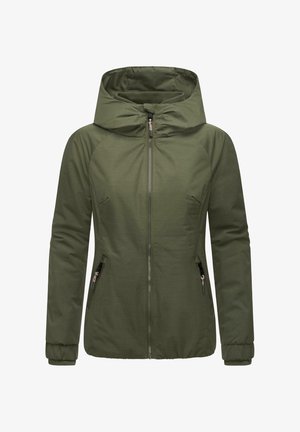 Olive green jacket with a hood, full zip closure, side pockets, ribbed cuffs, and smooth fabric texture. Features a minimalist design.