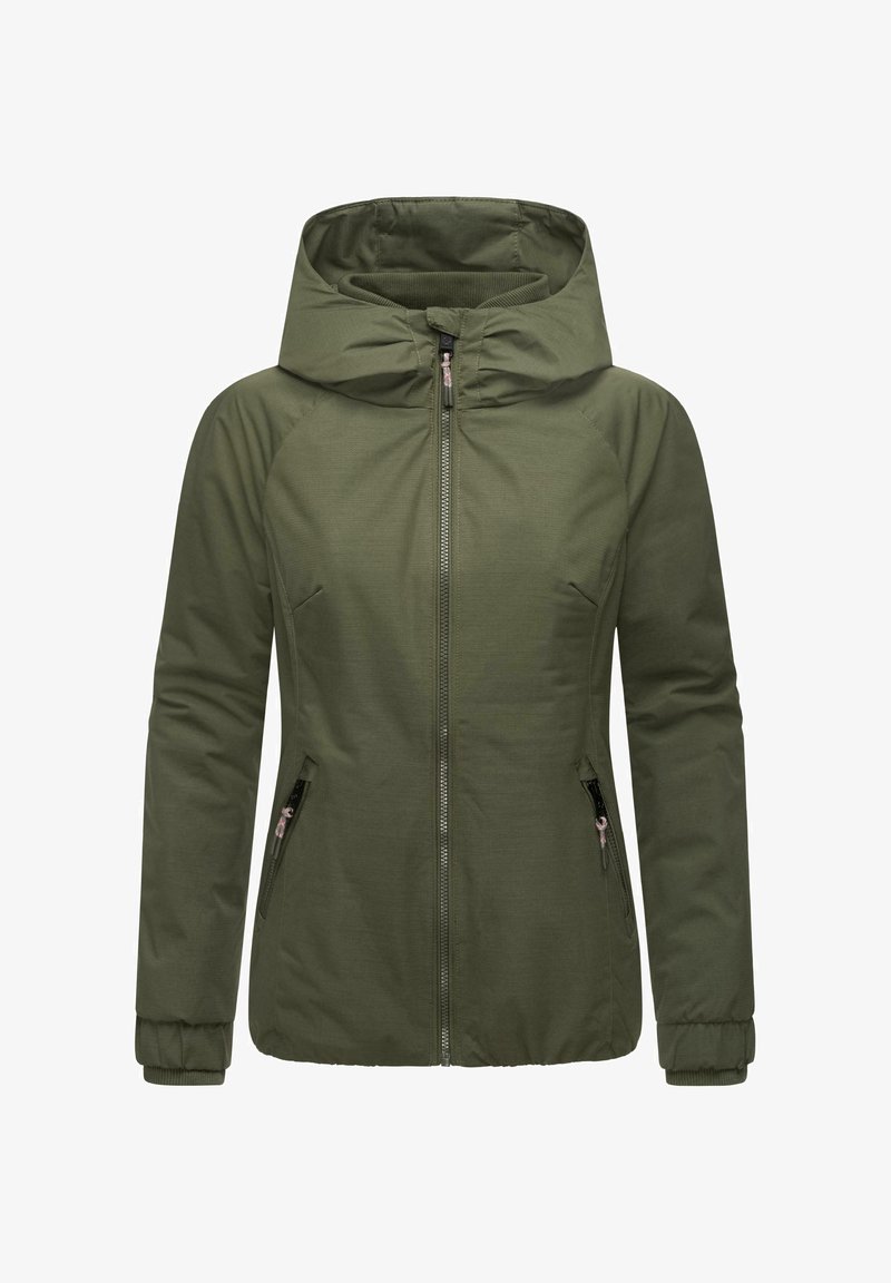Oliven grønn jakke med hette, full glidelås, sidelommer, ribbestrikkede mansjetter og glattere tekstur. Har et minimalistisk design.