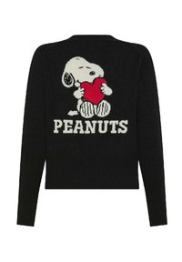 Maglione nero a maniche lunghe con Snoopy che tiene un cuore rosso e la scritta "PEANUTS" sul retro.
