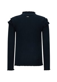 Maglione a coste blu scuro con collo alto e dettagli arricciati sulle spalle. Maniche lunghe con una finitura testurizzata e orlo dritto.