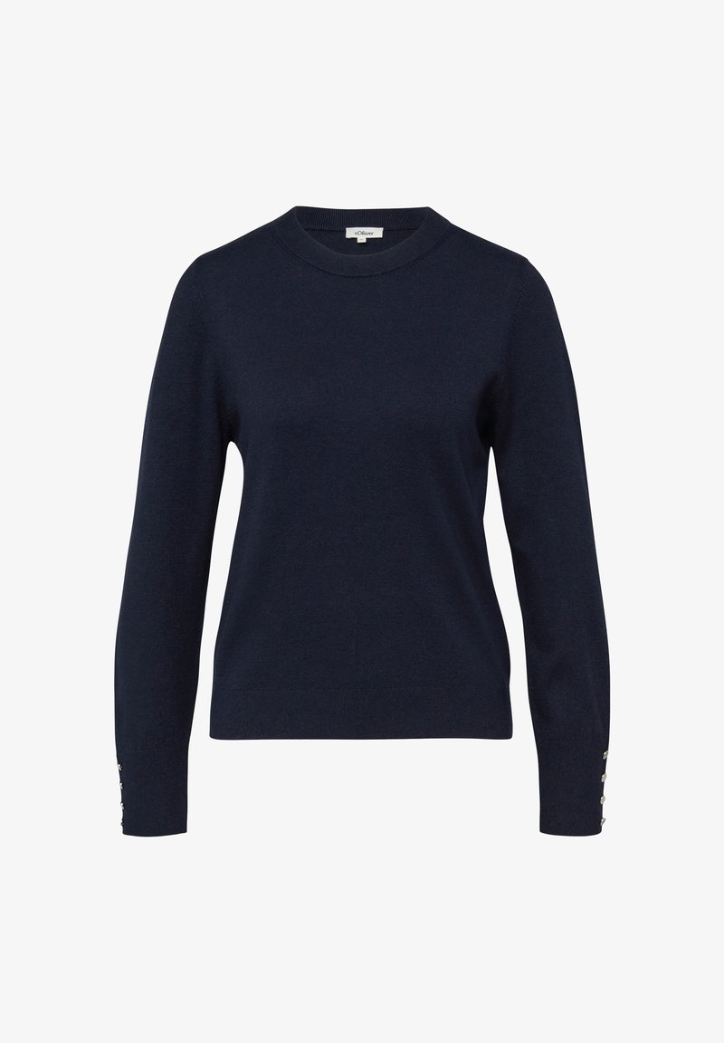 Tamno mornarsko plavi dugih rukava pleteni džemper s okruglim izrezom i ukrasnim gumbima na rukavima.