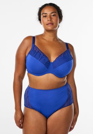 Blue bra and high-waisted panties feature a smooth, solid texture with lace accents on the cups and sides, showcasing a leaf pattern.