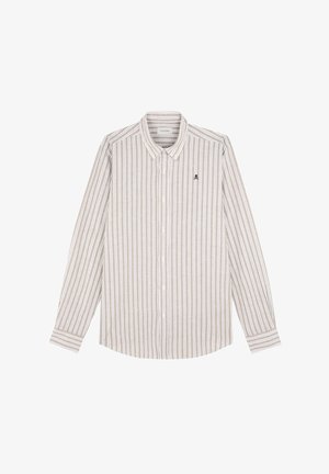 Light beige long-sleeve shirt with thin white stripes, button-down collar, and small black skull logo on the chest. Soft fabric texture.
