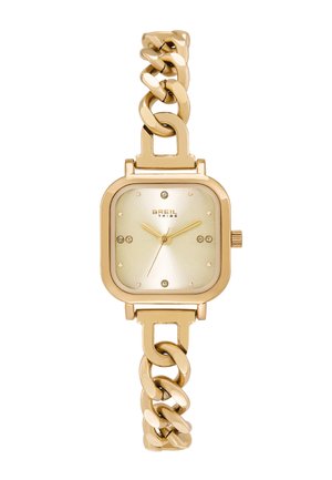 Guldtonet firkantet ur med kædeledsarmbånd, minimalistisk urskive med timeindikatorer i krystal og "Breil Tribe"-logo over midten.