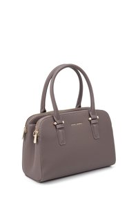 Gray leather handbag with gold hardware. Features two top handles and a zippered closure. Slightly structured design with smooth texture.