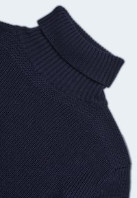 Maglione blu navy con collo alto a costine. Presenta un motivo in maglia testurizzata e un corpo liscio, enfatizzando calore e comfort.