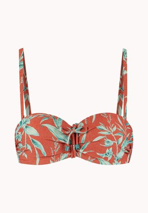 Bikinibovenstuk in roestkleur met groene tropische blad- en bloemenprint, verstelbare schouderbandjes en een strik aan de voorkant in het midden.