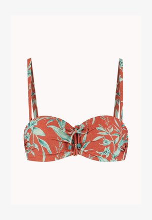 Bikinibovenstuk in roestkleur met groene tropische blad- en bloemenprint, verstelbare schouderbandjes en een strik aan de voorkant in het midden.