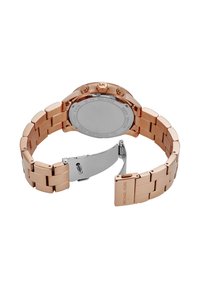 Orologio in acciaio inox rosa oro con cinturino liscio, lunetta tachimetrica e chiusura argentata. Presenta dettagli del logo e un fondello trasparente.