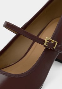 Σκούρο καφέ παπούτσι Mary Jane με χρυσό λουράκι και μπεζ εσωτερική σόλα, με κοντινή λήψη της λεπτομέρειας του κλεισίματος.