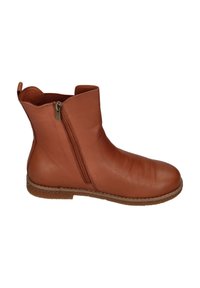 Brauner Lederstiefel mit glatter Oberfläche, Reißverschlüssen an der Außenseite, rundem Zehenbereich und einer strukturierten Gummisohle mit minimaler Nahtdetailierung.