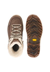 Bruine leren laarzen met nepbont voering, voorzien van beige veters, een rubberen zool met patroon en een Vibram Arctic Grip-logo.