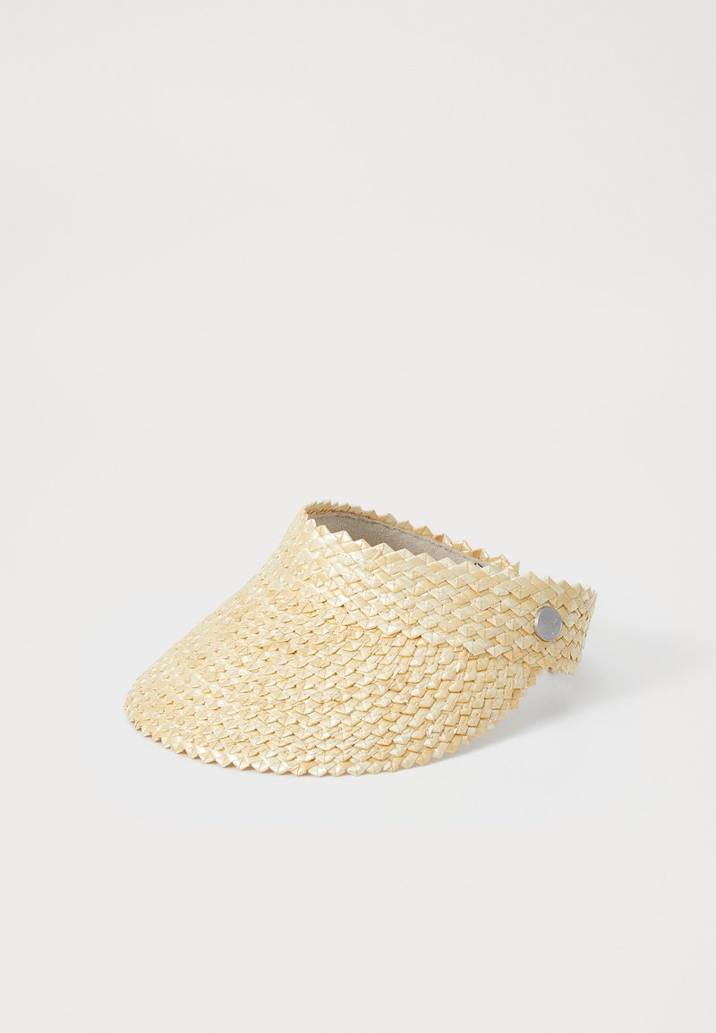 Beige woven straw visor with a metal snap button on the adjustable back strap, designed for sun protection.