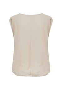 Blouse beige sans manches avec un col rond et une légère texture, montrée de dos sur fond blanc.