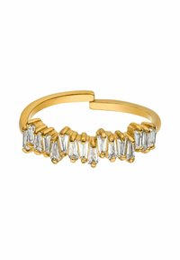 Goldfarbener Ring mit einem strukturierten Band, das eine Reihe klarer, rechteckiger Edelsteine in einem versetzten Design auf der Vorderseite zeigt.