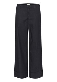 Pantaloni in denim a gamba larga di colore blu scuro, con taglio dritto, orlo arrotolato e design classico a cinque tasche con cuciture in contrasto.