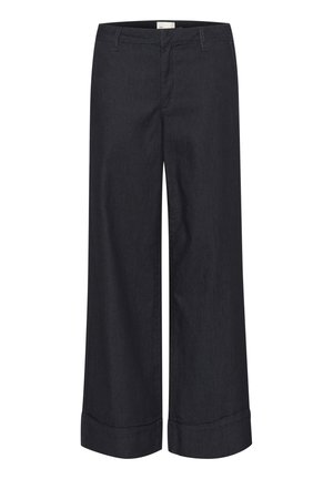 Pantalones de denim de pierna ancha en azul oscuro, con corte recto, dobladillo enrollado y diseño clásico de cinco bolsillos con costuras en contraste.