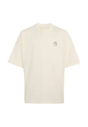 Off-white T-shirt met korte mouwen en klein grafisch logo bij de linkerborst met een gestileerd gezicht dat een kroon en blauwe oorwarmers draagt.