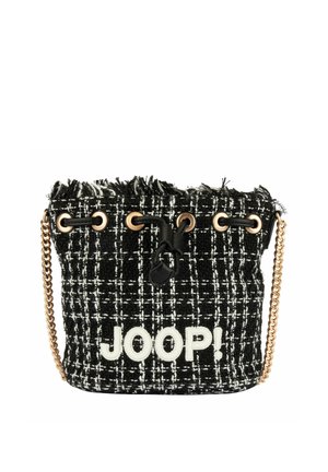 Schwarz-weiße Tweed Bucket Bag mit goldener Kettenriemen und Tunnelzug oben, mit weiß gesticktem "JOOP!" Logo vorne.