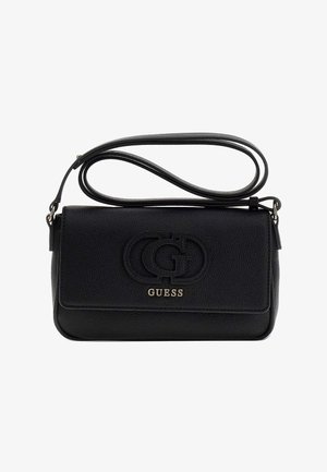 Sac à bandoulière Guess en cuir noir texturé avec fermeture à rabat, sangle réglable et logo embossé à l'avant.