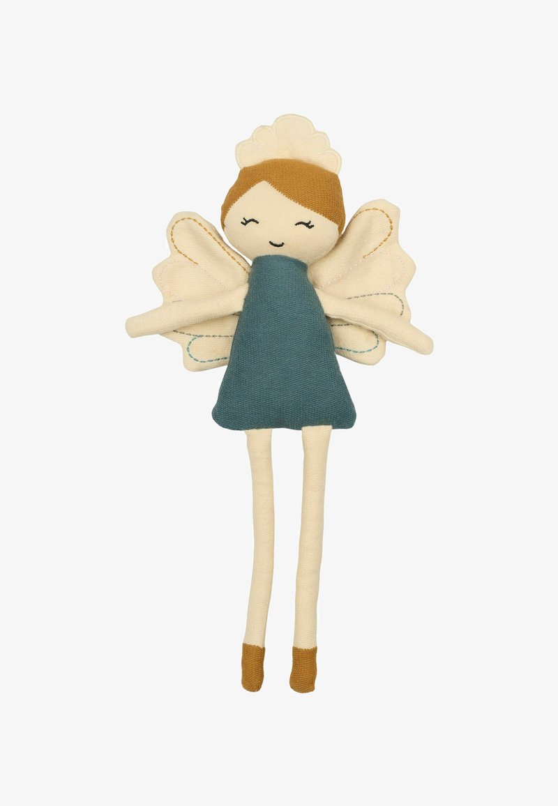Soft fabric doll with a light brown face, teal dress, and cream wings. Features stitched detailing and brown feet.