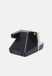 Black and gray camera with a triangular design, rectangular viewfinder, button details, and a colorful stripe on the top.