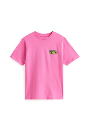 Rosa Baumwoll-T-Shirt mit kurzen Ärmeln, Rundhalsausschnitt und einem kleinen Grafikdesign, das eine Cartoon-Scheibe mit gelben Akzenten auf der Brust zeigt.