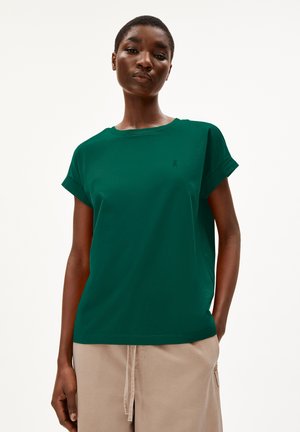 Dark green short-sleeve t-shirt made of lightweight cotton with a round neckline and subtle logo detail on the left chest.