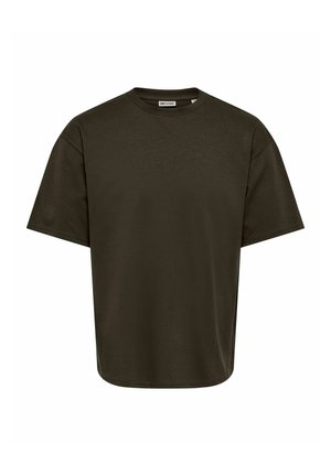 T-shirt à manches courtes vert olive foncé, col rond, coupe ample, fabriqué en tissu de coton doux avec une texture lisse et aucun motif visible.