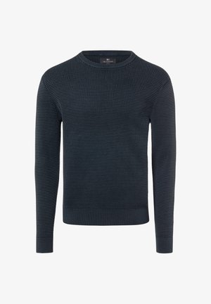 Gestrickter navyblauer Pullover mit strukturiertem Muster, Rundhalsausschnitt und langen Ärmeln. Glatte Bündchen und Saum vervollständigen das Design des Pullovers.