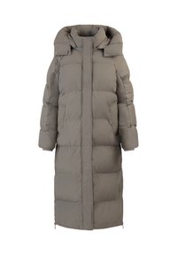 Langer, grauer Daunenmantel mit hohem Kragen, Reißverschluss vorne und Knopfakzenten. Verfügt über ein gestepptes Design mit geradem Schnitt und seitlichen Schlitzen.