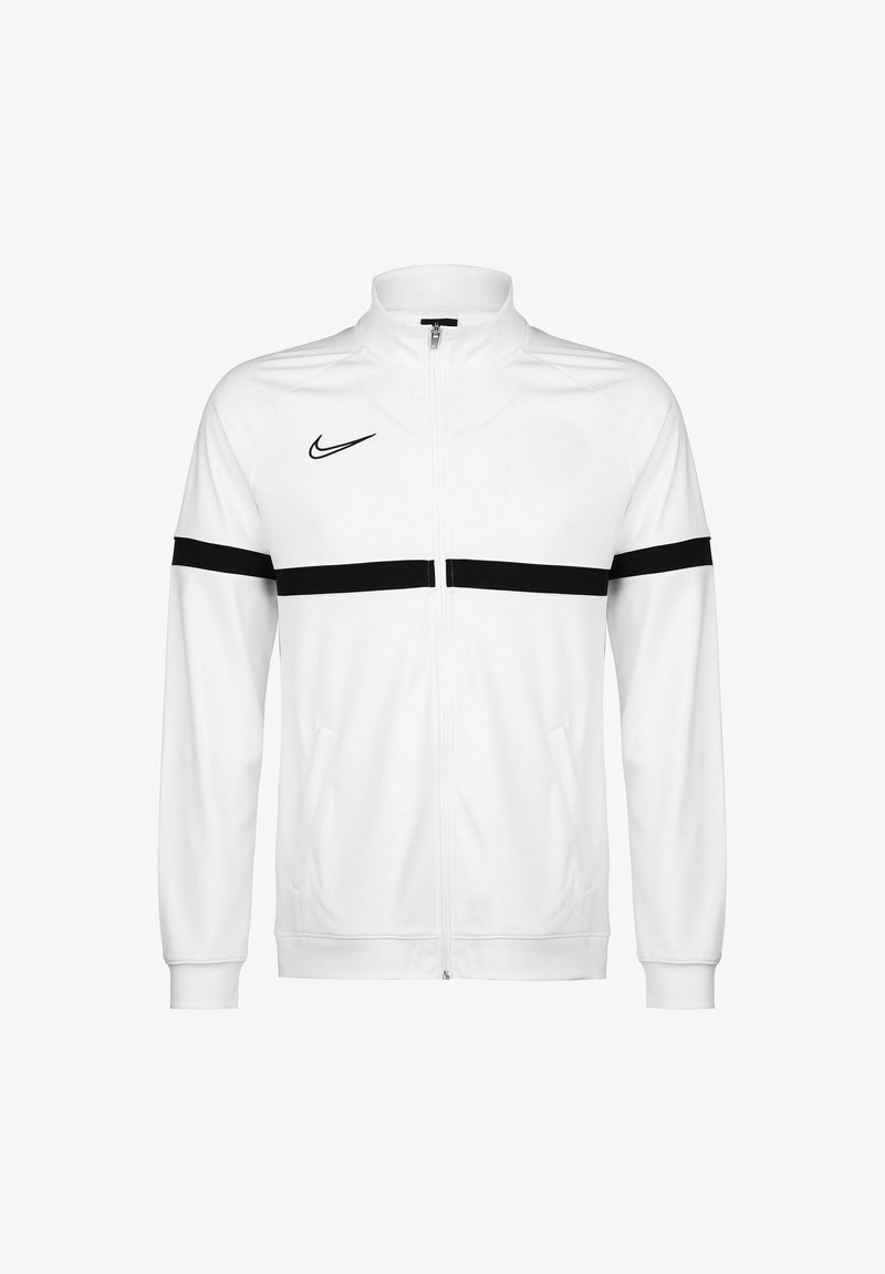 Giacca bianca con zip realizzata in tessuto morbido, con strisce orizzontali nere sulle maniche e un piccolo logo Nike nero sul petto.