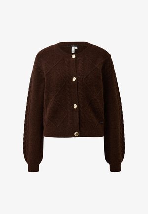 Rudas megztas kardiganas su apvaliu kaklu, tekstūruota deimanto rašto, pintomis rankovėmis, užsegamas keturiais auksiniais mygtukais.