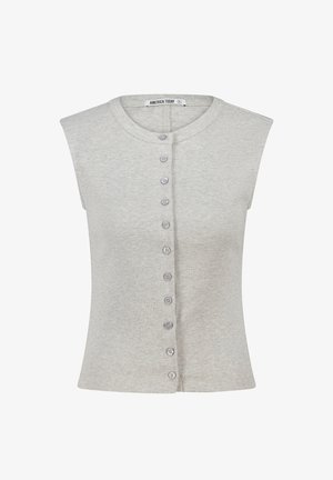Graues ärmelloses Oberteil aus geripptem Material mit Rundhalsausschnitt und einer vorderen Knopfleiste mit sechs passenden Knöpfen.