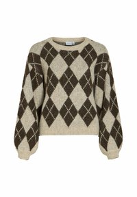 Pull tricoté avec une base crème et un motif argyle marron foncé. Il présente un col rond et des manches bouffantes pour une coupe décontractée.