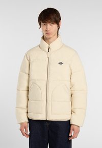 Giacca puffer beige con colletto alto, chiusura con zip, tasche laterali, texture trapuntata e piccolo logo sul lato sinistro del petto. Adatta per un look casual.