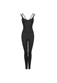 Tuta nera con sottili spalline e design aderente. Realizzata in materiale elastico, presenta una costruzione senza cuciture per il massimo comfort.
