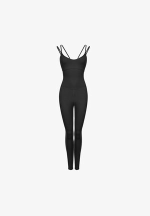 Black jumpsuit with thin spaghetti straps and a fitted design. Made from stretchy material, features seamless construction for comfort.