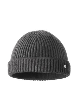 Gray knit beanie with vertical ribbed texture, folded cuff, and small metallic logo accent on the side. Soft, warm fabric.