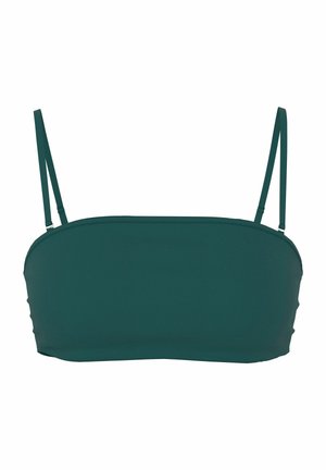 Haut de bikini bandeau vert foncé avec fines bretelles ajustables et design sans coutures.