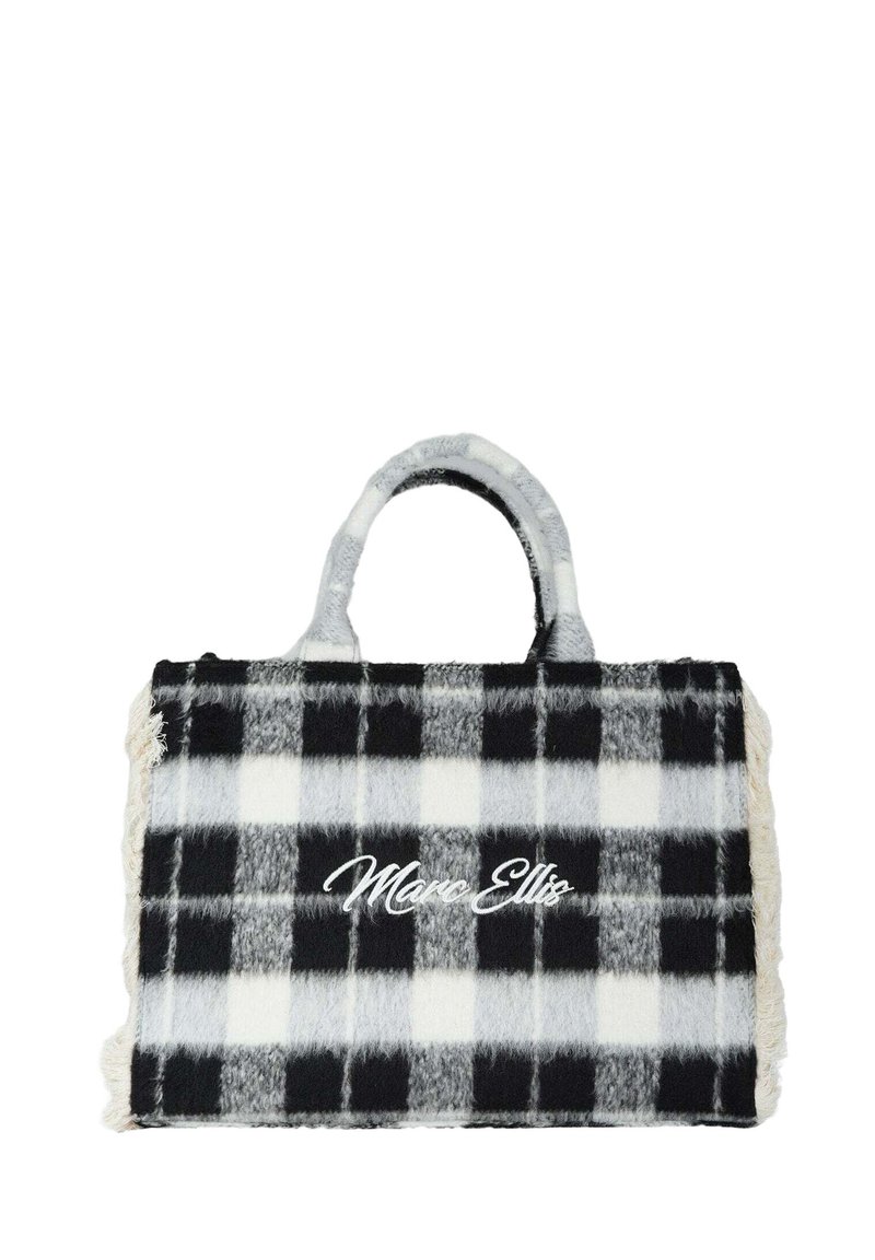 Borsa a quadri bianco e nero, realizzata in tessuto morbido, con bordo frangiato e manici curvati, caratterizzata dal logo ricamato "Marc Ellis".