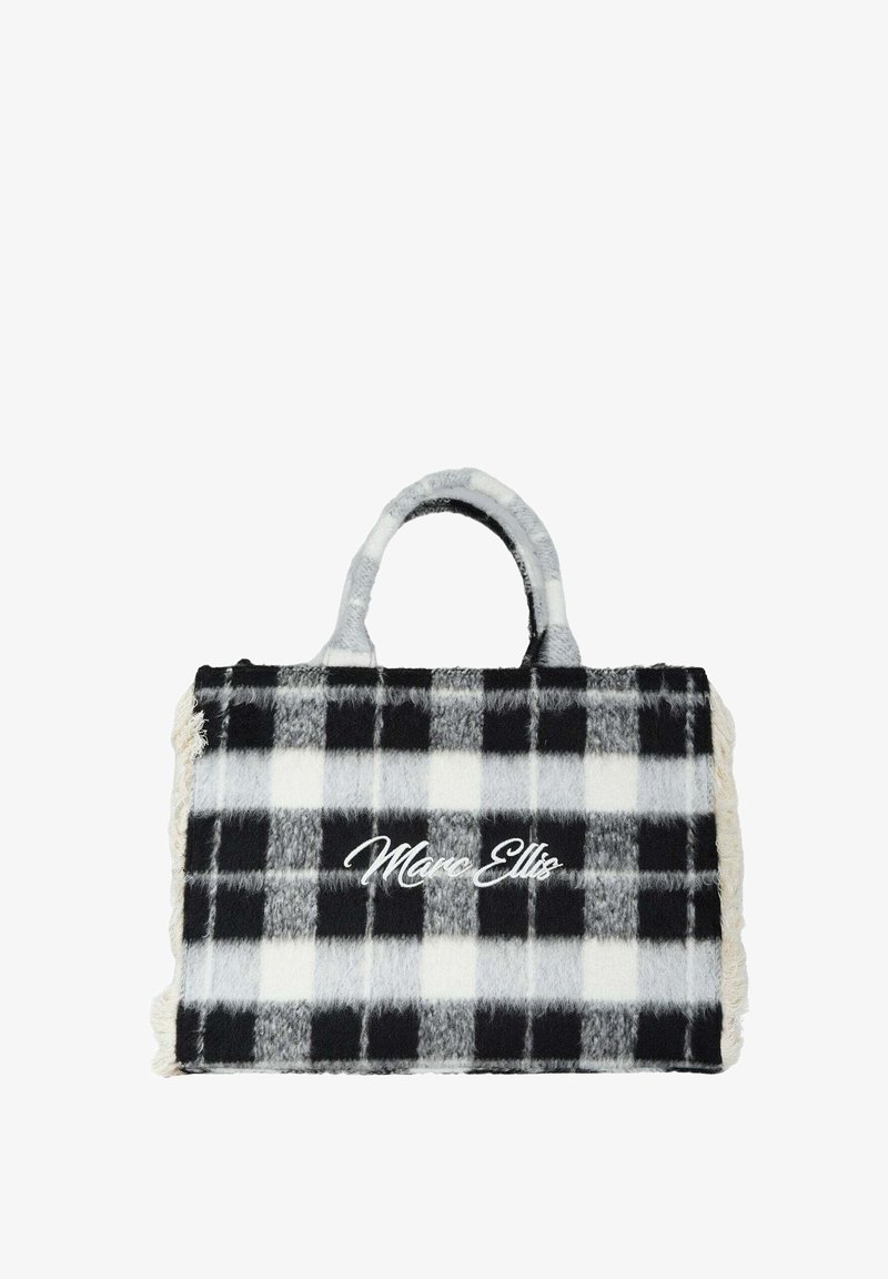 Borsa a quadri bianco e nero, realizzata in tessuto morbido, con bordo frangiato e manici curvati, caratterizzata dal logo ricamato "Marc Ellis".