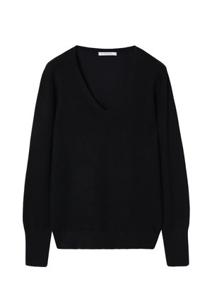 Sort V-hals striktrøje lavet af blødt, let stof. Lange ærmer med ribkant ved manchetter og kant, med en glat tekstur og minimalistisk design.