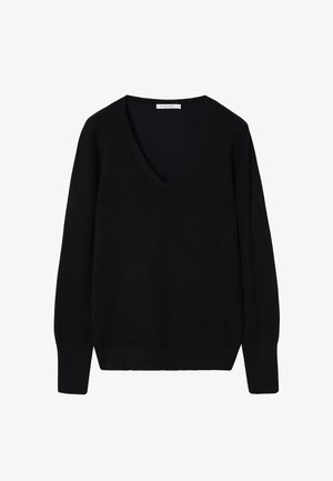 Must V-kaelusega kampsun, valmistatud pehmest, kergest kangast. Pikkade varrukatega, soonikkoes varruka- ja alläärtega, sileda tekstuuriga ja minimaalse disainiga.