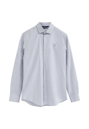 Camicia a maniche lunghe con bottoni, motivo a quadretti azzurro chiaro e bianco, colletto e piccolo logo ricamato sul petto.