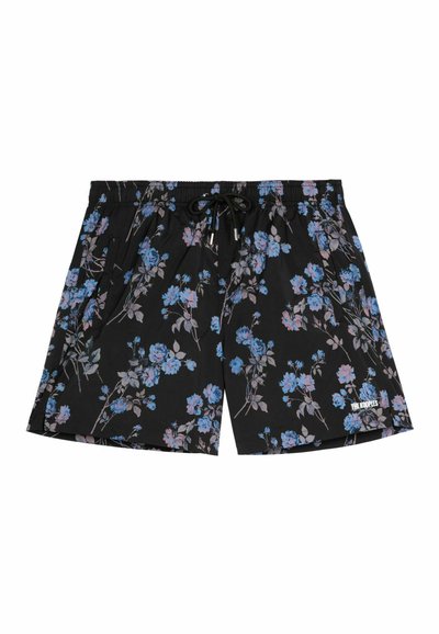 Schwarze Badewaren mit floralem Muster in Blau- und Rosatönen, elastischer Bund mit Kordelzug und Seitentaschen.
