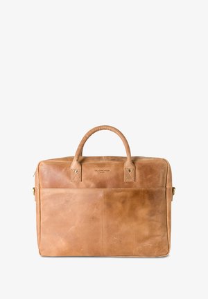 Brown leather briefcase with dual top handles, a smooth texture, and a minimalist design. Features subtle stitching and a front pocket.