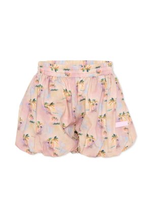 Pastelroze kindershorts met elastische tailleband en een all-over palmboomprint in zachte aquarelstijl.