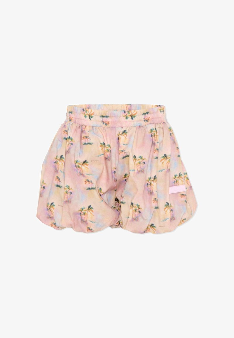 Shorts pour enfants rose pastel avec taille élastique et imprimé intégral de palmiers en style aquarelle doux.